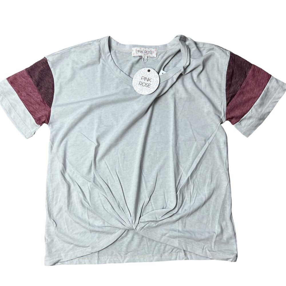 Pink Rose Juniors' Striped-Sleeve Grey Twist-Front T-Shirt - Size Large - NWT